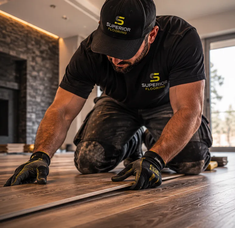 A flooring installer carefully positioning a wood plank
