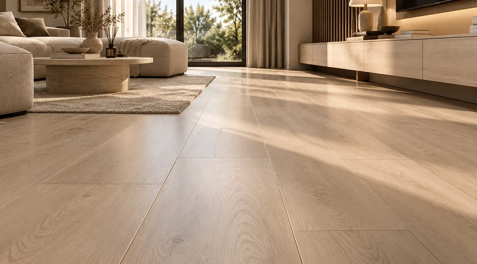 Pale wood-look laminate in a neutral living room