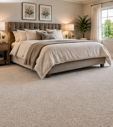 Soft beige carpet surrounding a bed in a serene bedroom