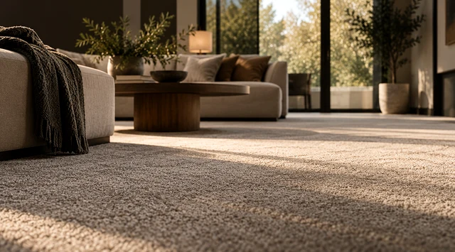 Close view of textured carpet in a warm living room