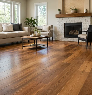 Natural hardwood grain in a bright fireplace living room