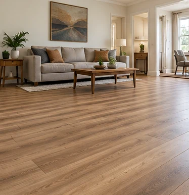 Light brown laminate flooring with a sofa and coffee table