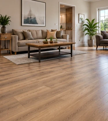 Warm-toned laminate planks in a furnished lounge