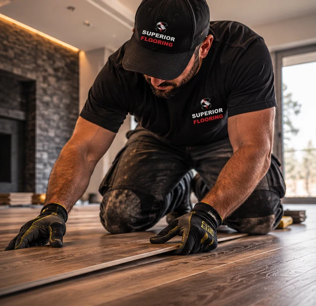 Flooring installer carefully fitting a wood plank