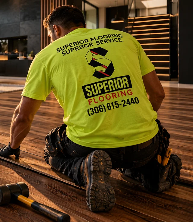 Installer and flooring tools on a wood floor