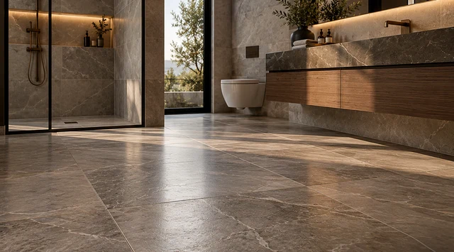 Large stone-look floor tiles in a contemporary bathroom