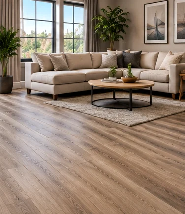 Natural-look vinyl planks in an inviting lounge